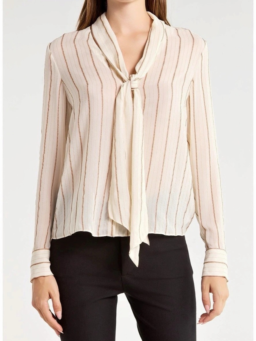 FRAME Striped Silk Tie Blouse in White & Pink